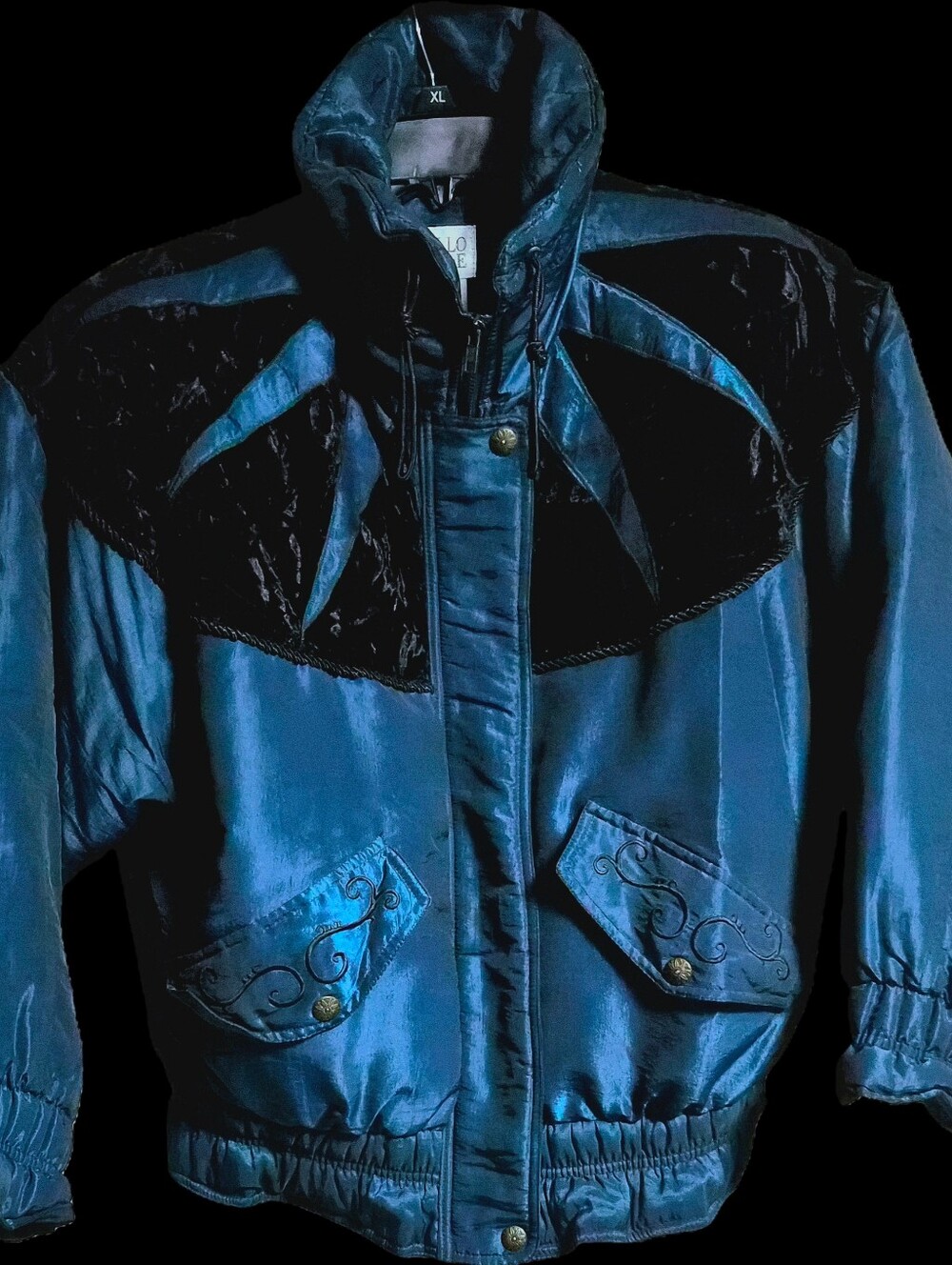 Vintage 80s Otello Pelle Iridescent Teal & Black Velvet Bomber - Size S